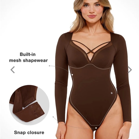 Long-Sleeve Brown Strappy V-Neck Bodysuit by - Picture 2 of 3